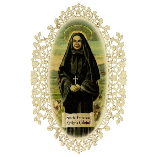 Santinho de Santa Francisca Xavier Cabrini com adornos em renda 11x7 cm 1