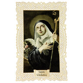 Spitzenbildchen, Heilige Scholastika, Heiligenbildchen mit Spitzendekor, 11 x 7 cm