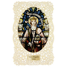 Holy card of Saint Margaret of Scotland with lace decoration, 4x3 in