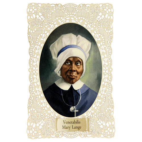 Holy card of the Venerable Mary Elizabeth Lange with lace decoration, 4x3 in 1
