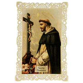 Saint Dominic, lace-embellished holy card, 4x3 in