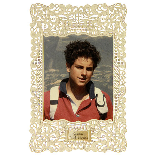 Holy card of Saint Carlo Acutis with lace decoration, 4x3 in 1
