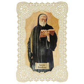 Estampa religiosa de San Benito adorno de encaje 11x7 cm