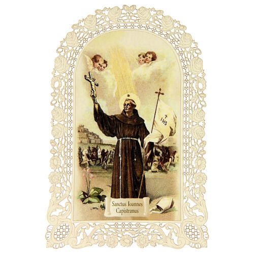 Spitzenbildchen, Heiliger Johannes von Capestrano, Heiligenbildchen mit Spitzendekor, 11 x 7 cm 1