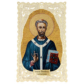 Spitzenbildchen, Heiliger Theodor von Canterbury, Heiligenbildchen mit Spitzendekor, 11 x 7 cm