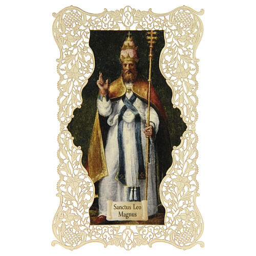 Holy card of Saint Leo the Great with lace decoration, 4x3 in 1