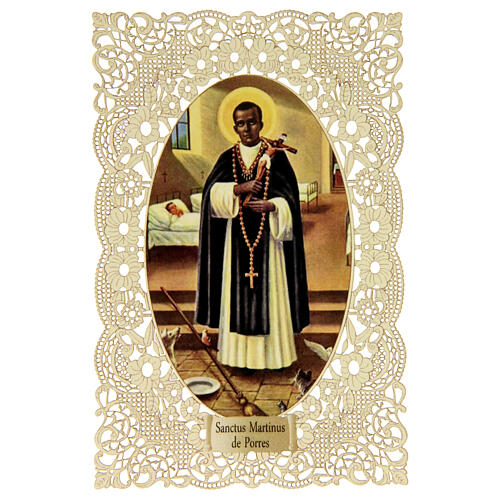 Saint Martin de Porres, holy card with lace decoration, 4x3 in 1
