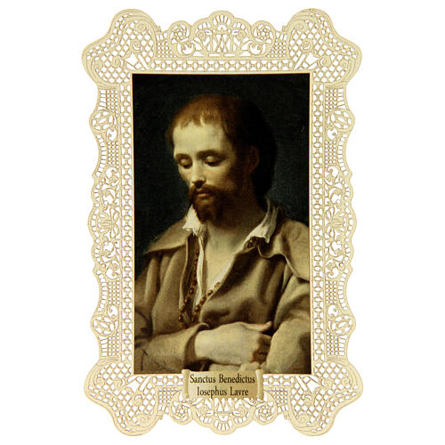 Holy card of Saint Benedict Joseph Labre with lace decoration, 4x3 in 1