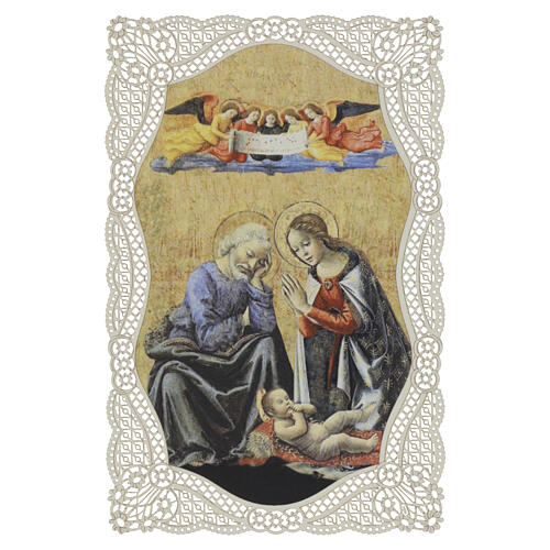 Image pieuse Nativité avec anges en adoration fond doré 12x7 cm décor dentelé 1