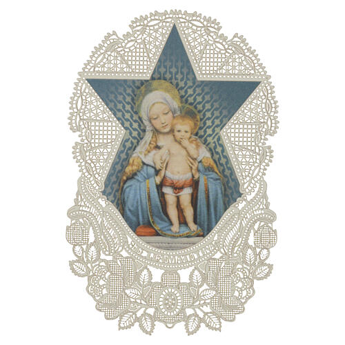 Santinho Nossa Senhora com o Menino e estrela decorada 12x7 cm borda rendilhada 1