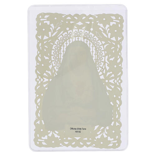 Holy card, Our Lady of Sorrows, 5x3 in, lace-trimmed 2