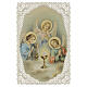 Holy card of the Eucharist with angels and chalice, 5x3 in, lace-style decoration s1