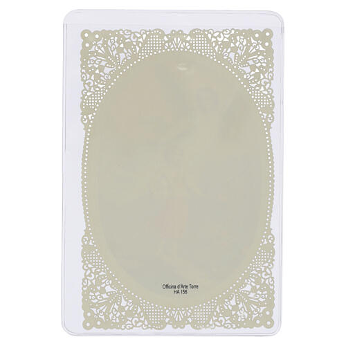 Spitzenbildchen, Schutzengel mit Kind – Taufszene, Heiligenbildchen mit Spitzendekor, 12 × 7 cm 2