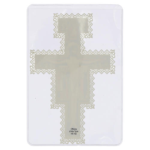 Obrazek religijny — Krzyż Świętego Damiana, 12 x 7 cm, dekoracja koronkowa 2