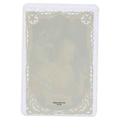 Santinho São Gabriel Arcanjo com lírio 12x7 cm borda rendada 2