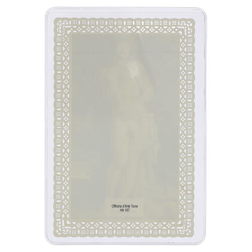 Spitzenbildchen, Heiliger Sebastian – Märtyrer mit Pfeilen, Heiligenbildchen mit Spitzendekor, 12 × 7 cm 2