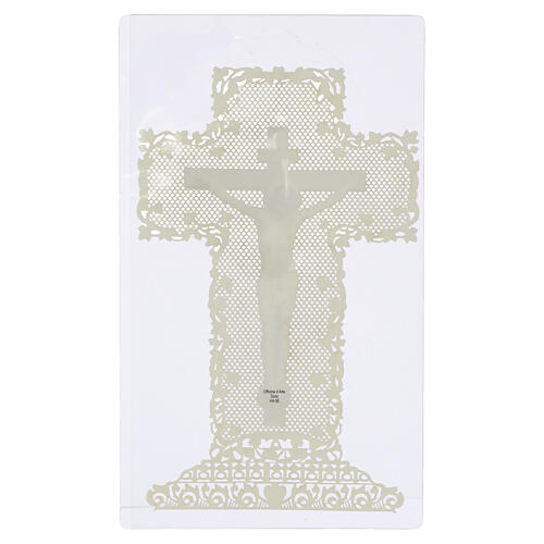 Crucifixion holy card with silver relief, 5x8 in, lace-edged 2