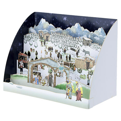 Tarjeta navideña pop-up montañas nevadas y Natividad 2