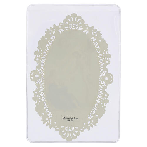 Santino San Pellegrino Laziosi con visione mistica 12x7 cm decoro merlettato 2