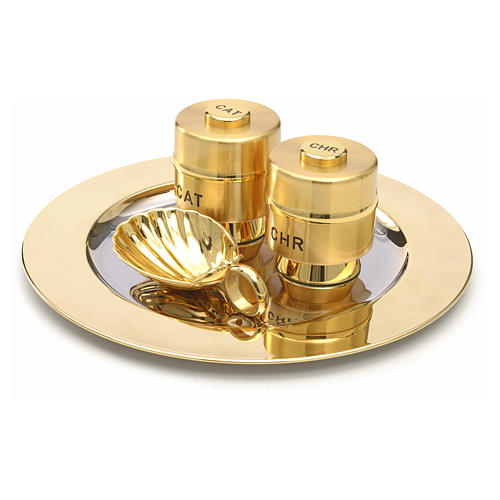 Holy Oils: set with brass stocks and a baptismal shell 2