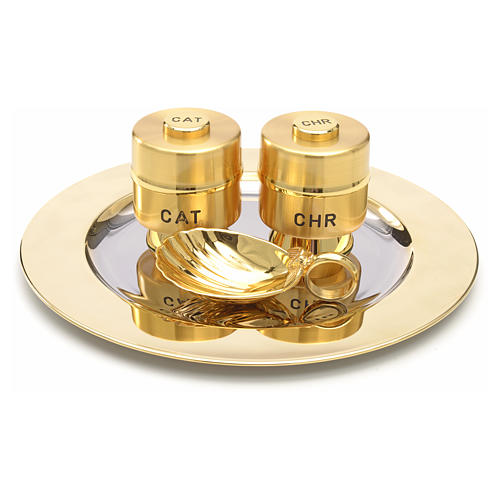 Holy Oils: set with brass stocks and a baptismal shell 1