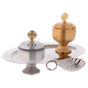 Holy oils: set with glossy stocks and a baptismal shell