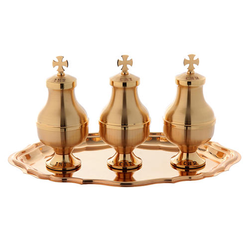 Holy oils vessels and plate in gold-plated brass 1