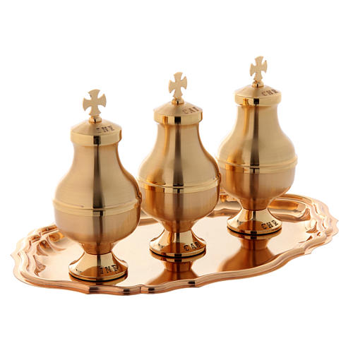 Holy oils vessels and plate in gold-plated brass 3