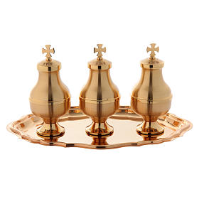 Holy oils vessels and plate in gold-plated brass