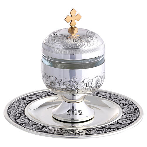 Holy oils: vase in chiseled silver-plated brass 1