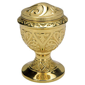 Huiles saintes et sets baptême: Ampoule huile Saint Chrême laiton doré décors baroques Molina