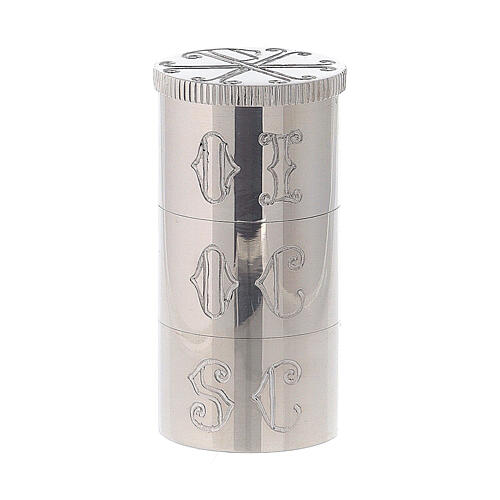 Triple oil stock in silver-plated brass with Chi-Rho symbol, Molina 1