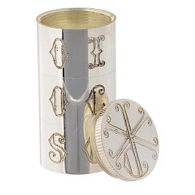 Huiles saintes et sets baptême: Ampoule huile triple en laiton argenté symbole Chi-Rho Molina