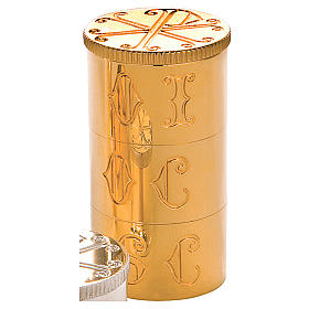 Huiles saintes et sets baptême: Ampoule huile St Chrême avec bague en laiton doré symbole Chi-Rho Molina