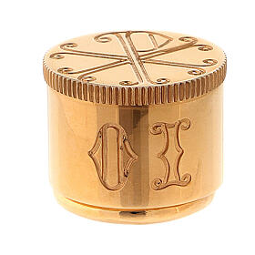 Ampoule huile St Chrême avec bague en laiton doré symbole Chi-Rho Molina