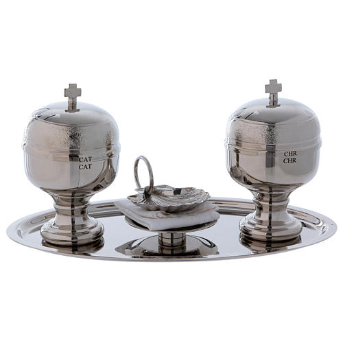 Baptism set with two Sacred Oils containers and shell in metal, silver 1