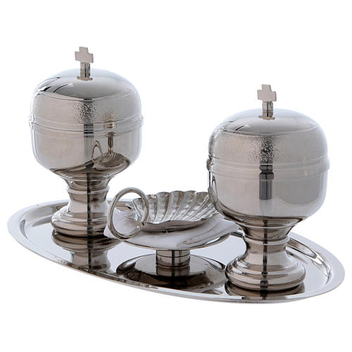 Baptism set with two Sacred Oils containers and shell in metal, silver 3