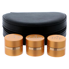 Holy Oils: case with three aluminium containers, gold