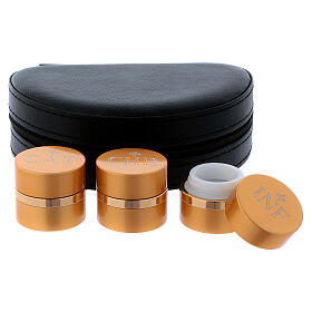 Holy Oils: case with three aluminium containers, gold