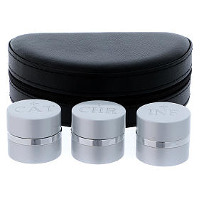 Oli santi e servizi battesimo: Astuccio con tre vasetti oli santi dorati diametro 4,3 cm