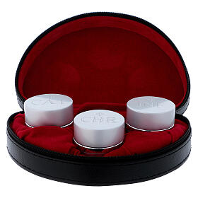 Case with silver-plated triple Holy oils stock 1 3/4 in diameter