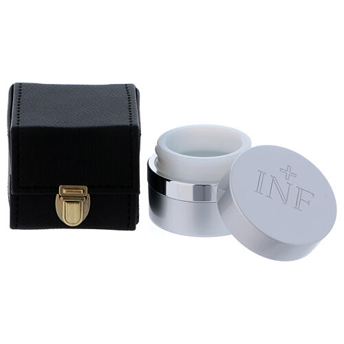 Kubisches Etui mit Gefäß für Heiliges Öl aus versilbertem Aluminium mit Durchmesser 5 cm 2