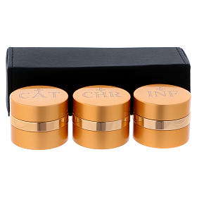 Holy Oils: case in faux leather with three aluminium containers, gold