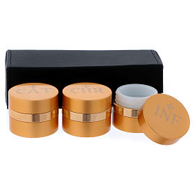 Holy Oils: case in faux leather with three aluminium containers, gold