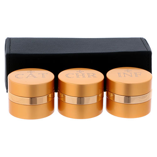 Holy Oils: case in faux leather with three aluminium containers, gold 1
