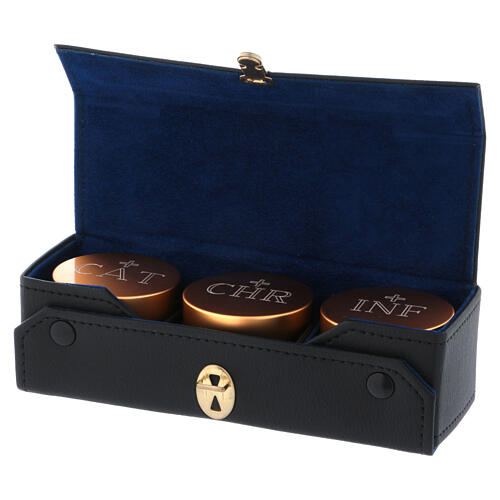 Case with triple Holy oils stock gold plated aluminium 2 in diameter 3