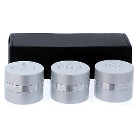 Case with triple Holy oils stock silver-plated aluminium 2 in diameter