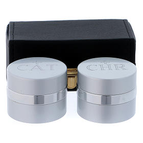 Holy Oils: rectangular case in faux leather with two aluminium containers, silver