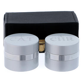 Rectangular case with double Holy oils stock in silver-plated aluminium 2 in diameter