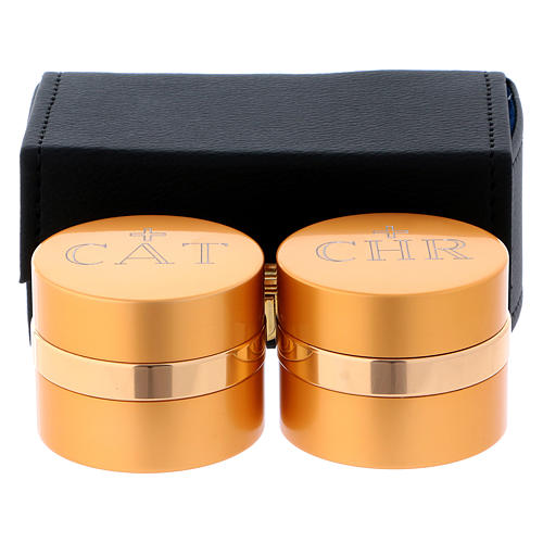 Holy Oils: rectangular case in faux leather with two aluminium containers, gold 1